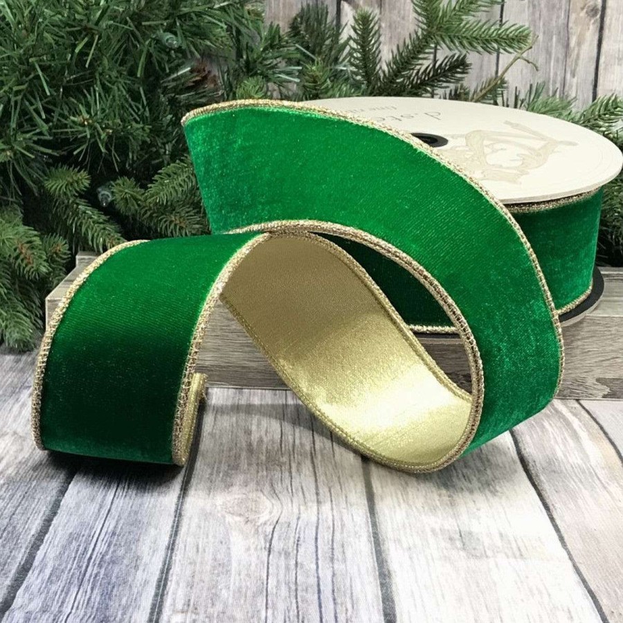 D. Stevens Mardi Gras | Green Velvet Glitter Gold Trim Ribbon, 4" X 10Yd