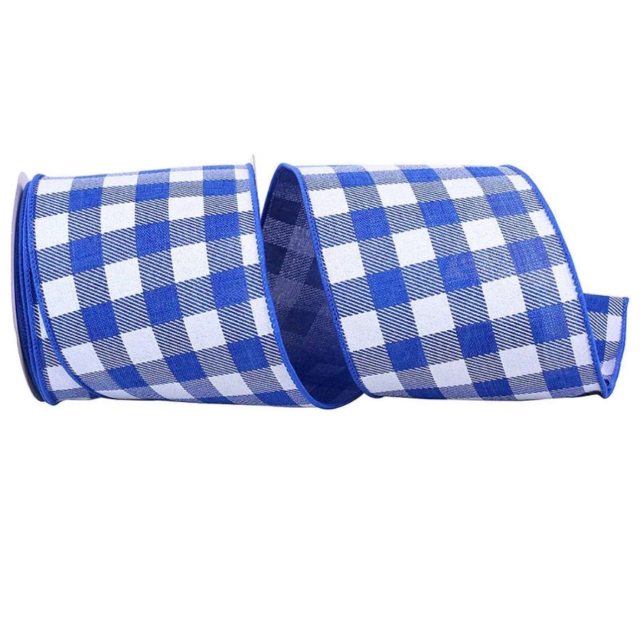 Reliant Ribbon Spring Ribbon | Twill Check Royal Linen Ribbon, 4" X 10Yd