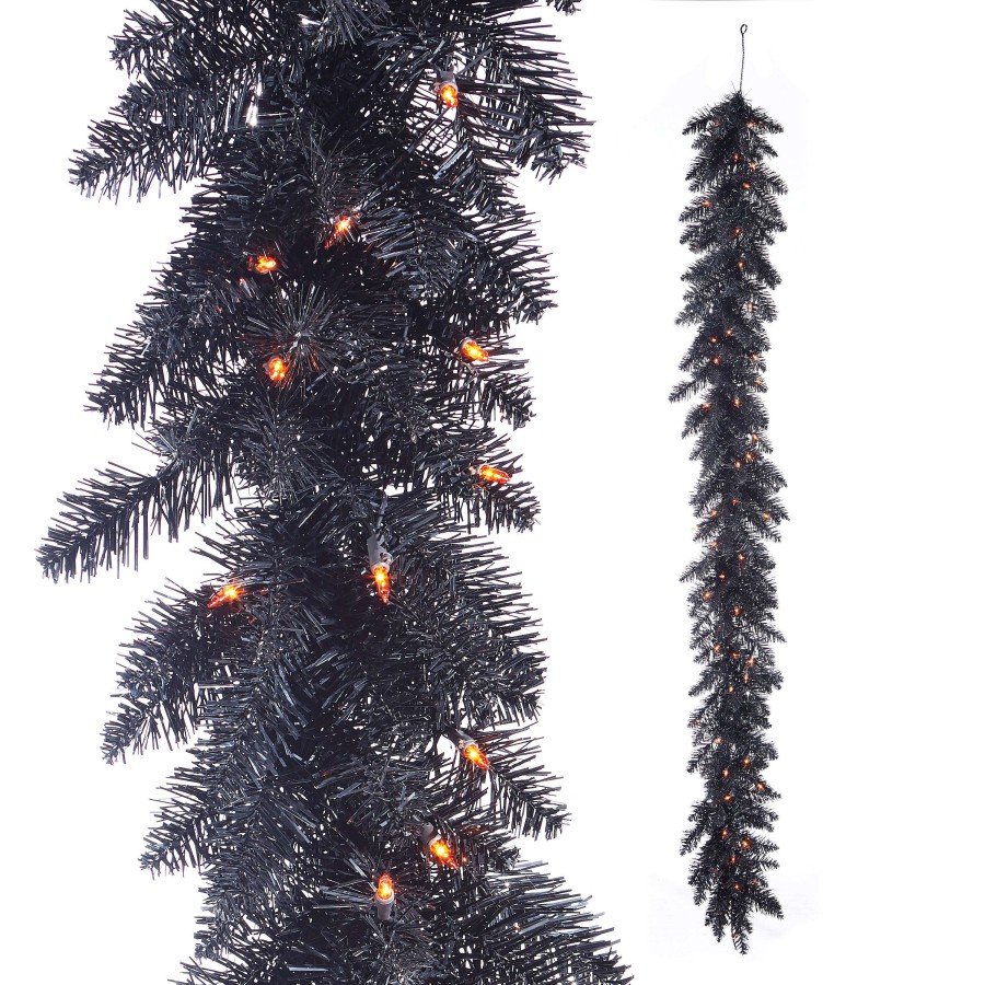 RAZ Garlands | Pre-Lit Black Tinsel Garland, 6'