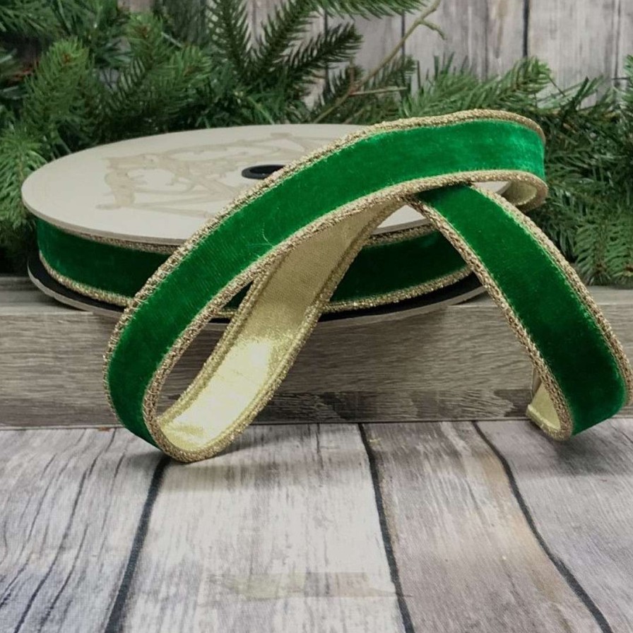 D. Stevens Mardi Gras | Green Velvet Glitter Gold Trim Ribbon, 1" X 10Yd