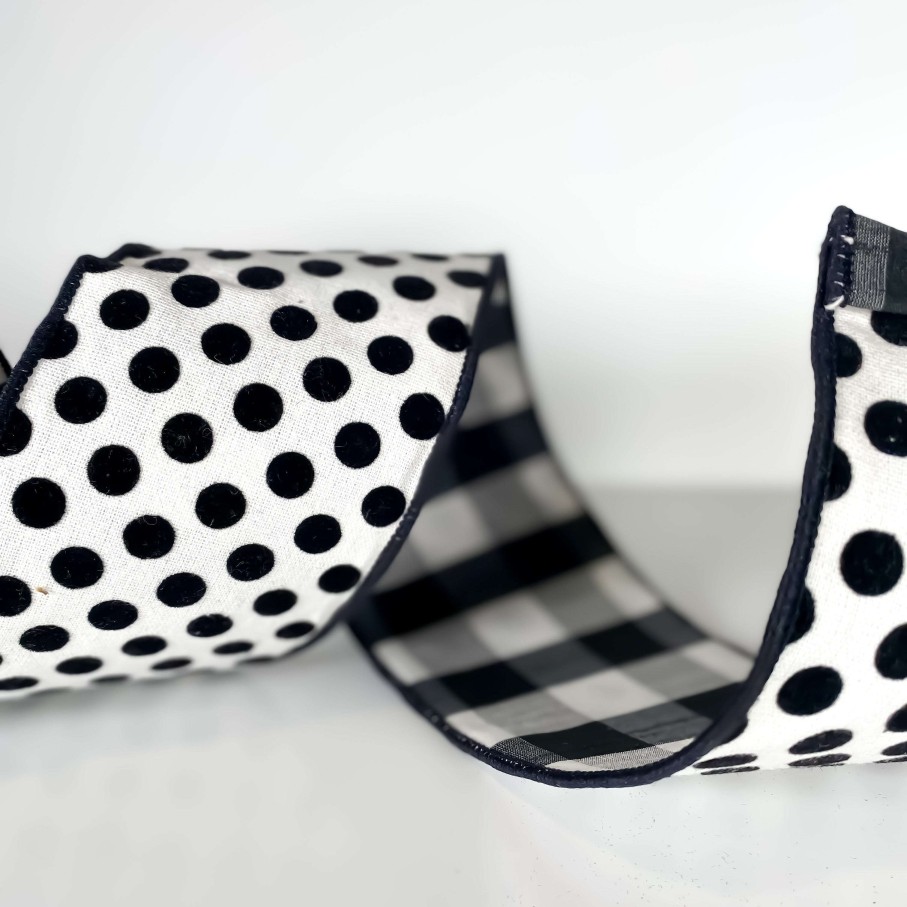 Farrisilk Ribbon | Black And White Linen Polka Dot Plaid Ribbon, 4" X 10Yd