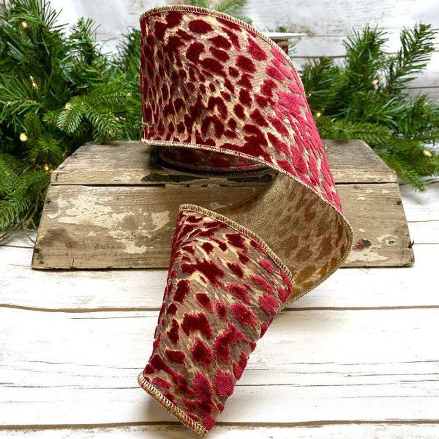 D. Stevens Ribbon | Burgundy Leopard Jacquard Ribbon, 4" X 10Yd