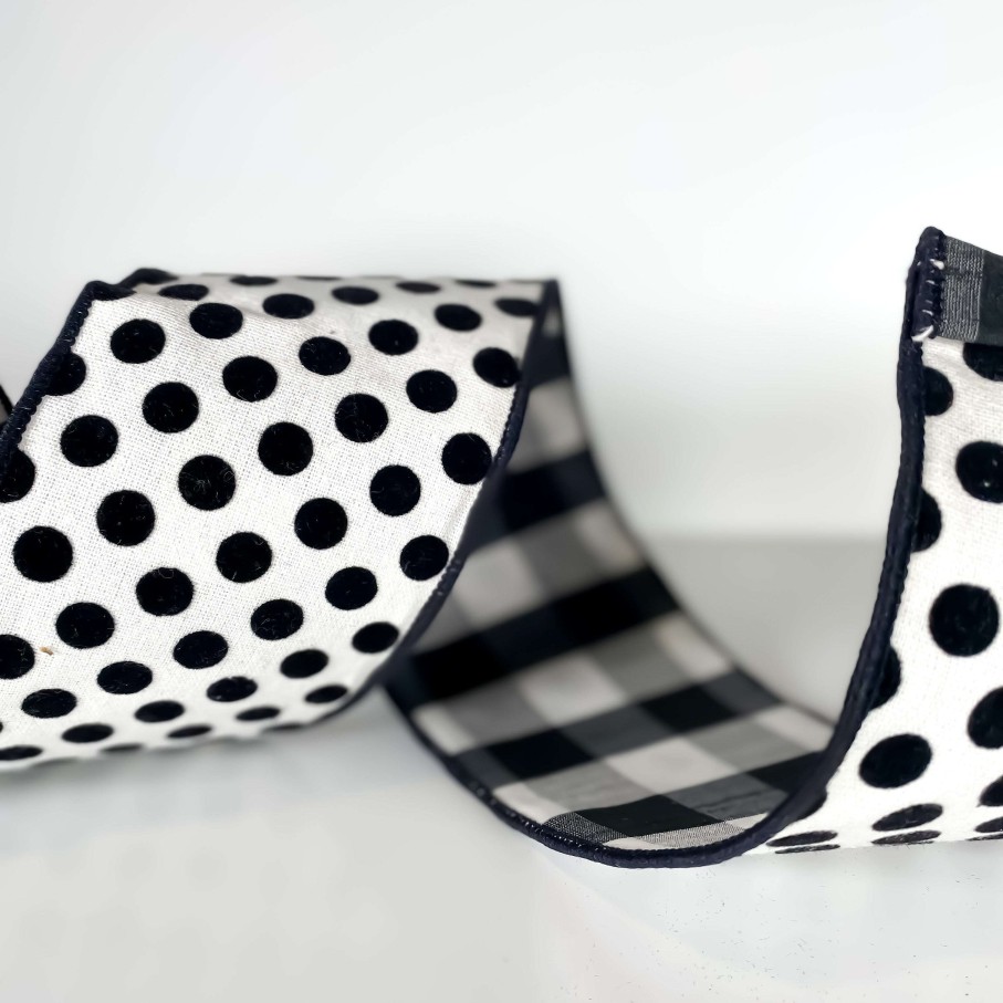 Farrisilk Spring Ribbon | Black And White Linen Polka Dot Plaid Ribbon, 4" X 10Yd