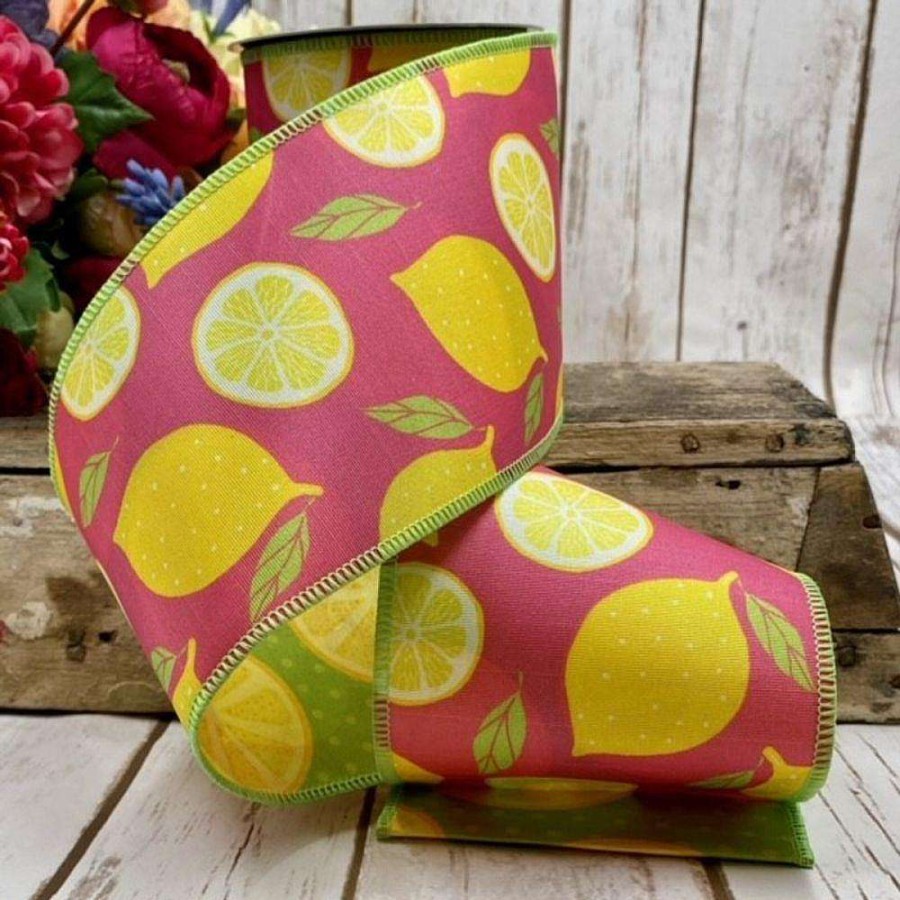 D. Stevens Spring Ribbon | Sliced Lemons Pink Ribbon, 4" X 10Yd