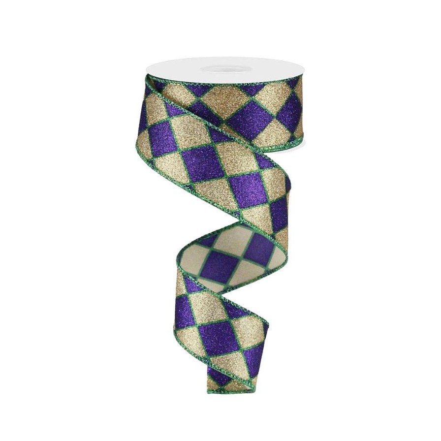 Craig Bachman Ribbon | Glitter Harlequin Ribbon, Purple & Gold 1.5"X10Yd