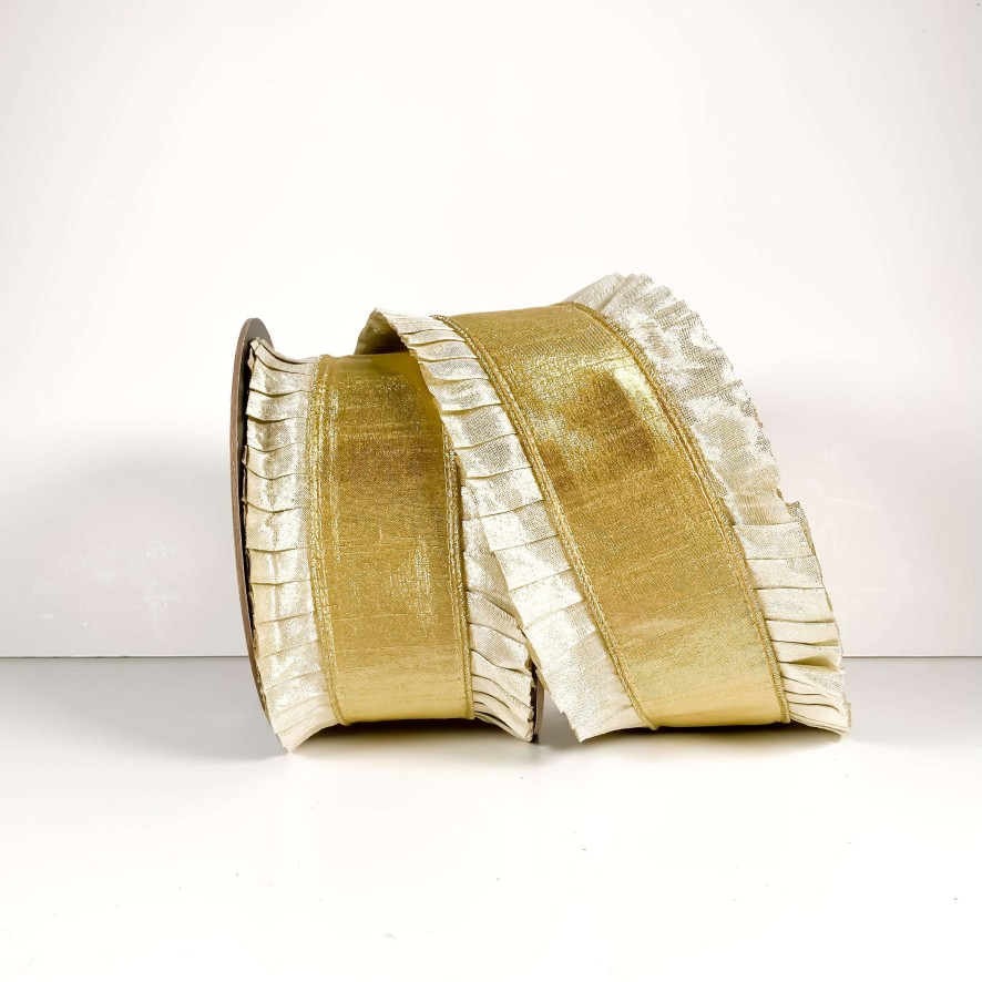 Farrisilk Ribbon | Ruffle Back Ribbon, Gold And Platinum, 4"X10Yd