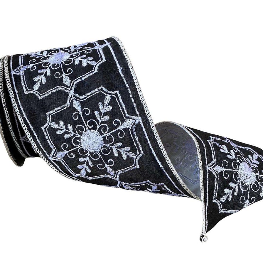 D. Stevens Spring Ribbon | Faux Dupion Filigree Design In White And Black, 4" X 10Yd.