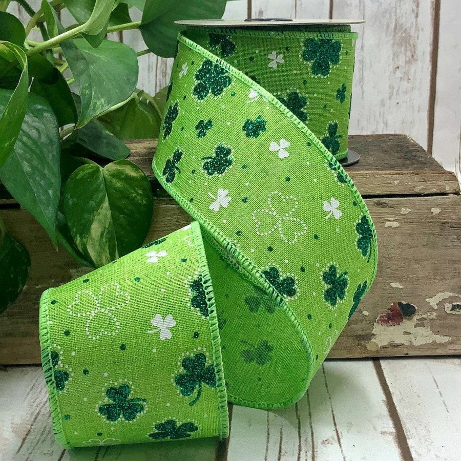 D. Stevens St. Patrick'S Day | Green Glitter Shamrock On Green Ribbon, 2.5" X 10Yd