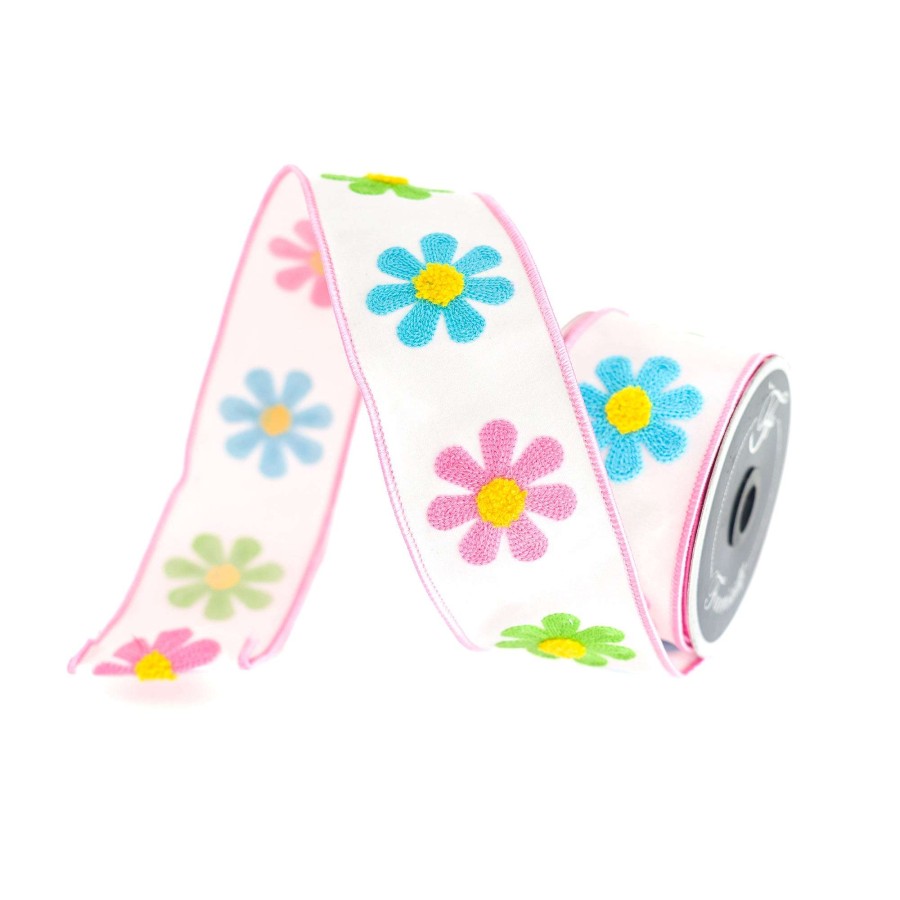 Farrisilk Spring | Light Pink Spring Daisies Ribbon, 2.5" X 10Yd