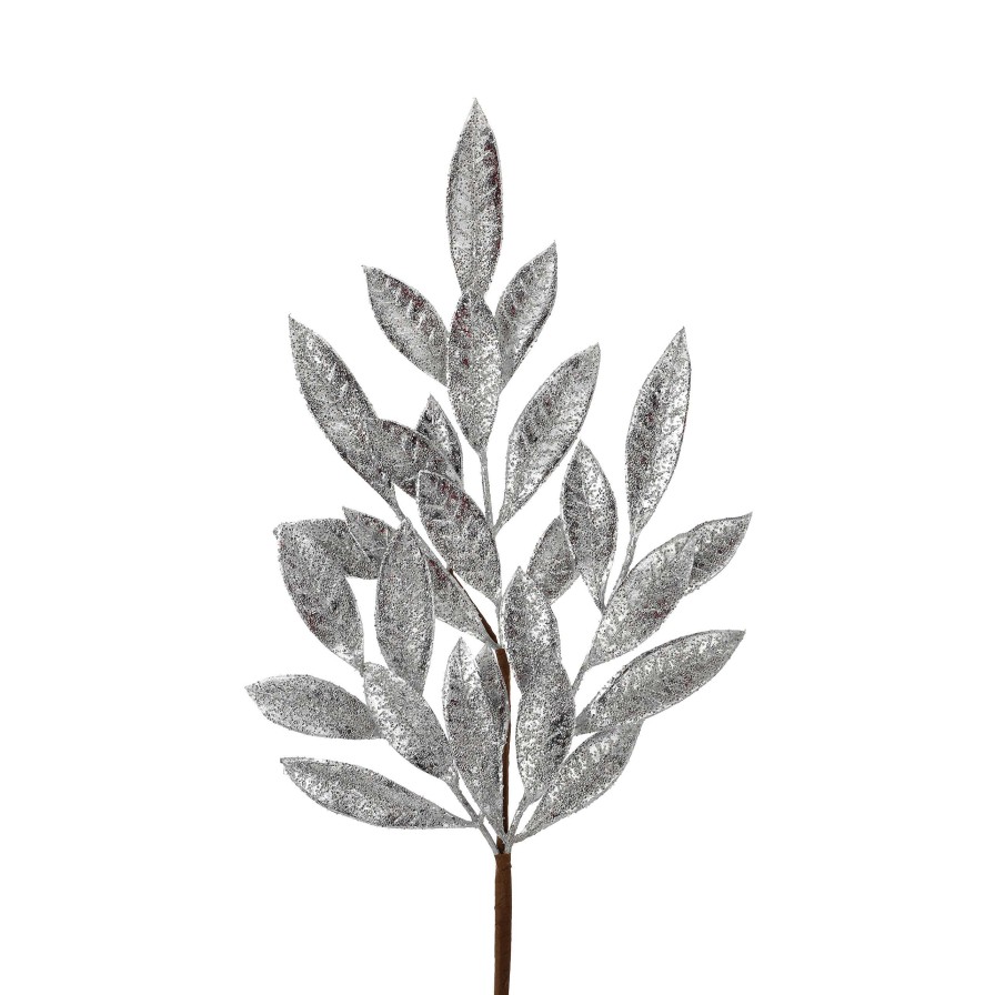 Regency Floral Decor | Antique Silver Glittered Bay Leaf Spray