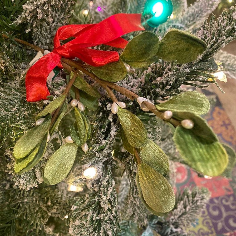 Kurt S. Adler Floral Decor | 10" Mistletoe Pick With Red Satin Bow