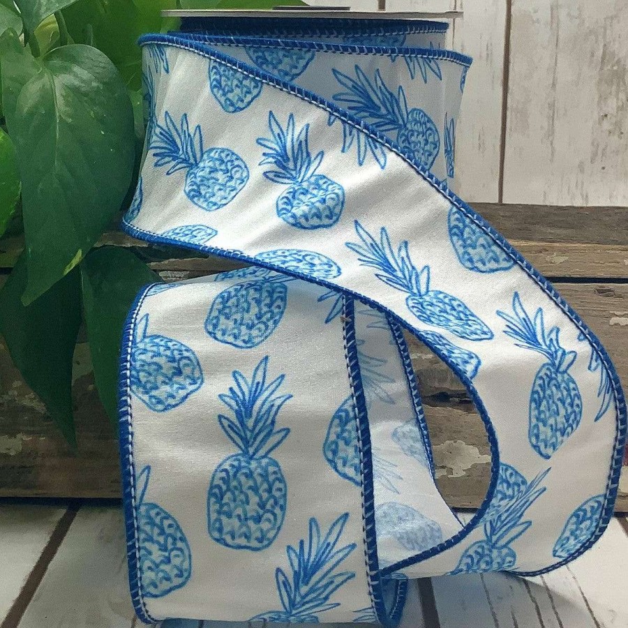 D. Stevens Spring Ribbon | Sketch Blue Pineapple On White 2.5"X10Yds