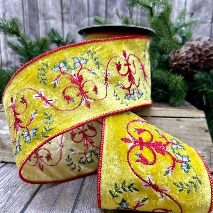 D. Stevens Spring Ribbon | Yellow Velvet Embroidered Ribbon, 4" X 5Yd