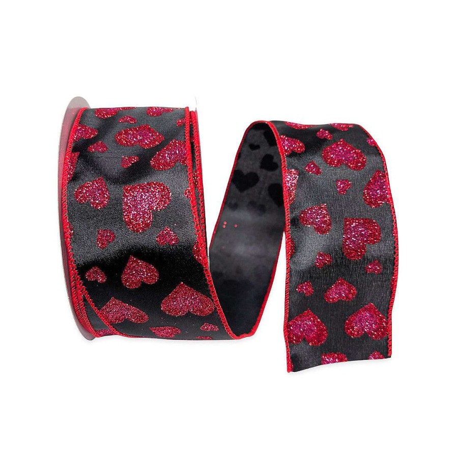 Reliant Ribbon Ribbon | Red And Pink Glitter Hearts On Black Ribbon - 2.5"X10Yd