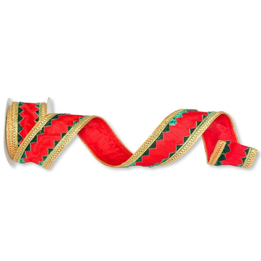 Direct Export Co. Ribbon | Red, Green, And Gold Dupioni Ribbon, 2.5" X 5Yd