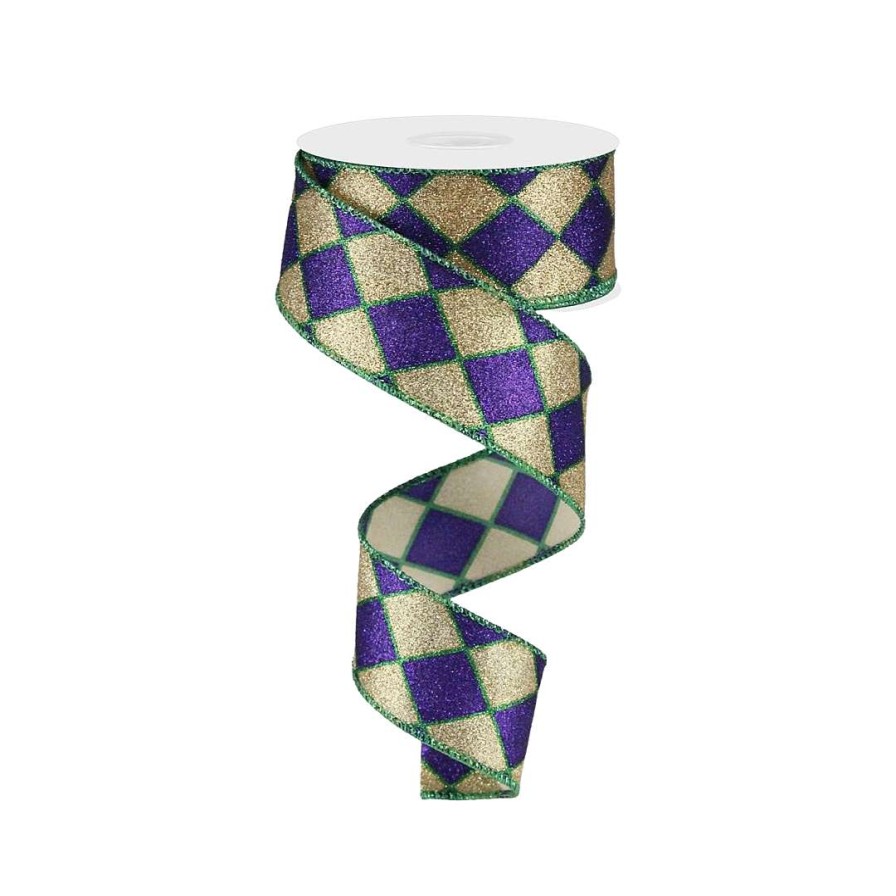 Craig Bachman Mardi Gras | Glitter Harlequin Ribbon, Purple & Gold 1.5"X10Yd