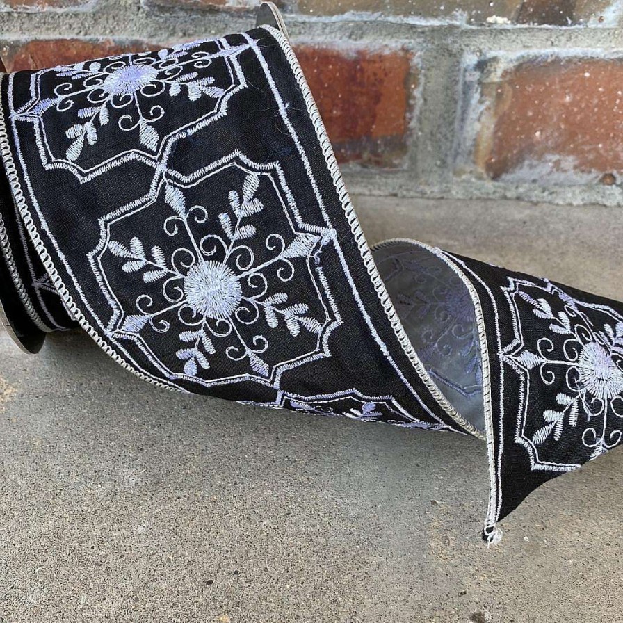 D. Stevens Spring Ribbon | Faux Dupion Filigree Design In White And Black, 4" X 10Yd.