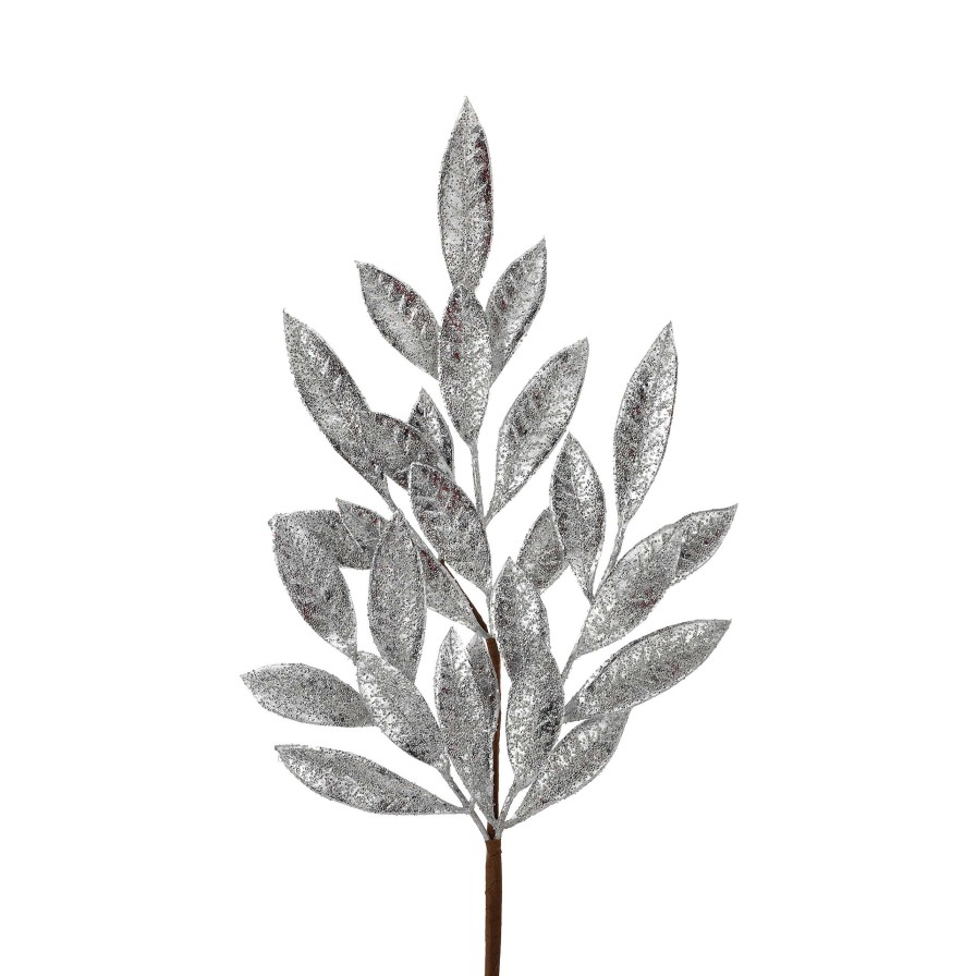 Regency Floral | Antique Silver Glittered Bay Leaf Spray