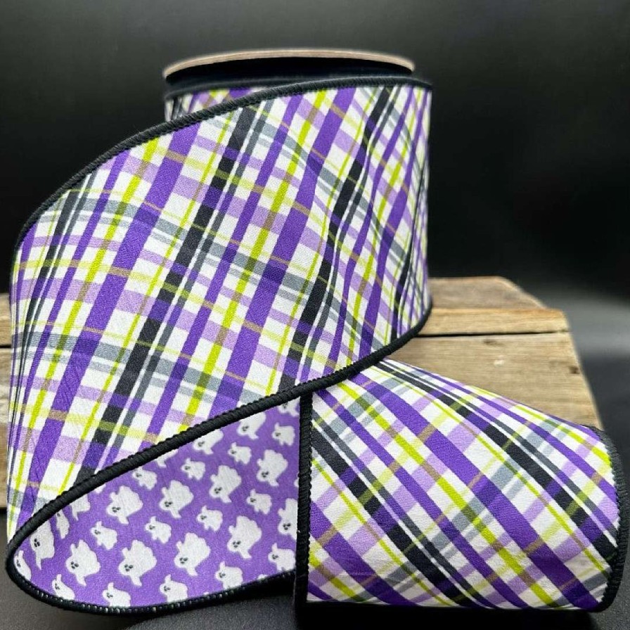 D. Stevens Halloween | Halloween Purple Plaid With Ghost Ribbon, 4" X 10Yd