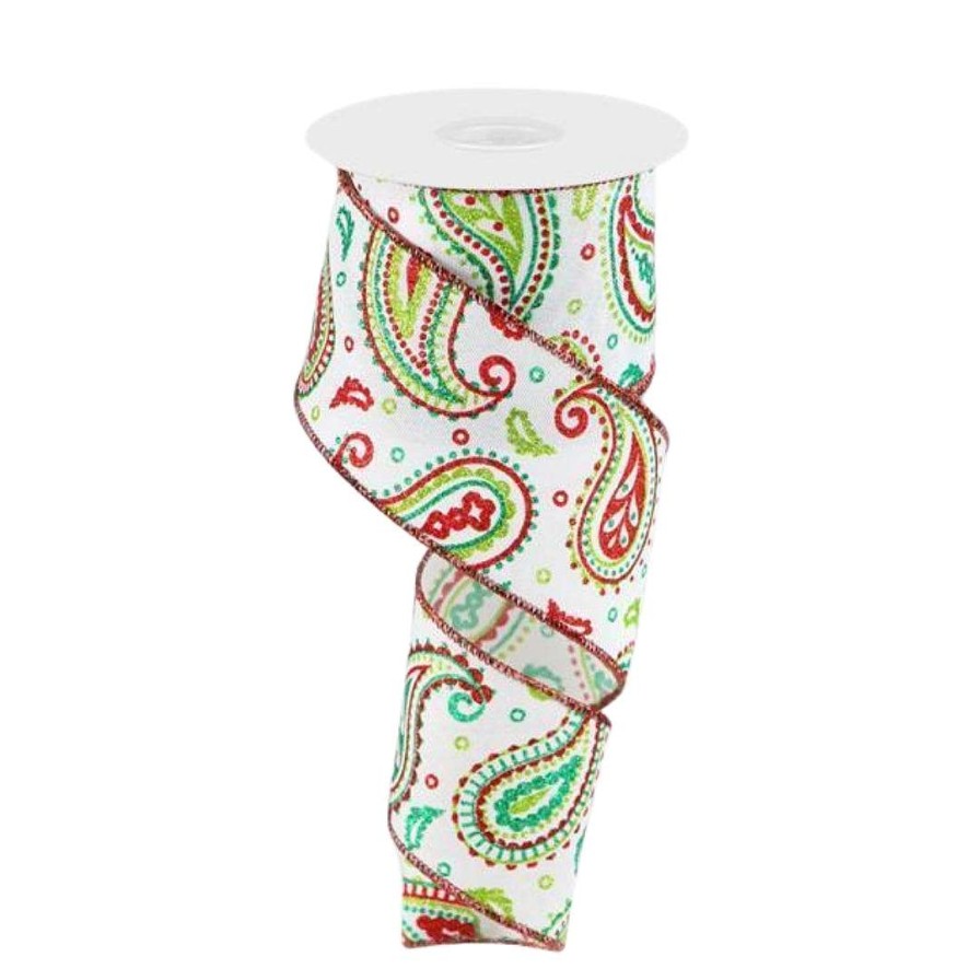 Craig Bachman Ribbon | Paisley In White, Lime, Red And Emerald, 2.5"X10Yd.